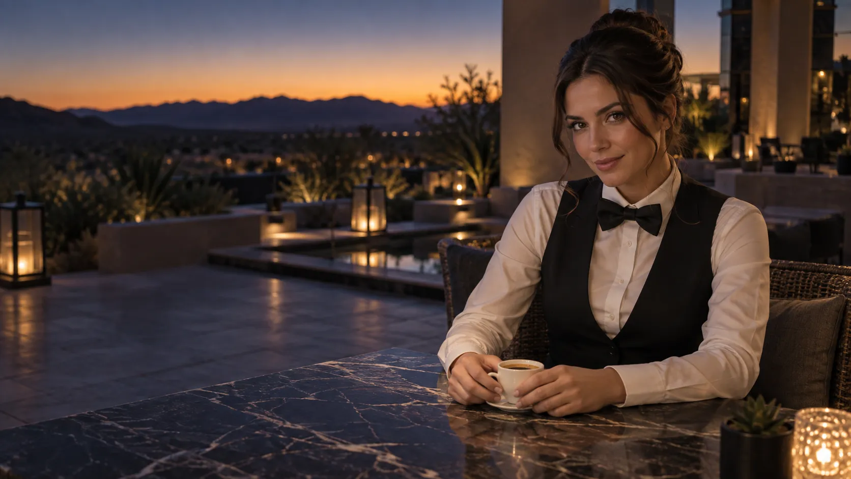 Croupier resting both hands calmly around an espresso cup on a desert casino terrace at twilight