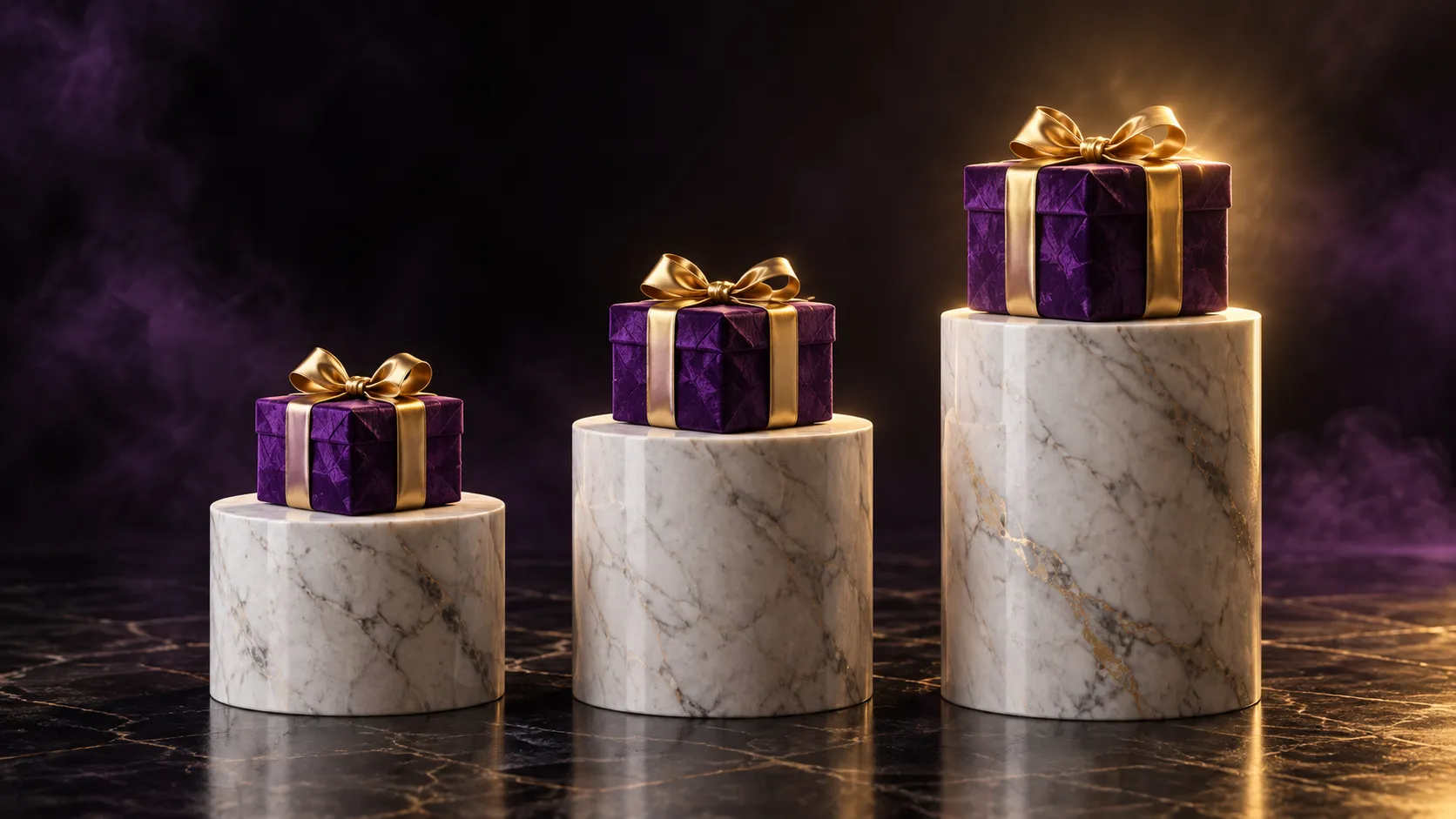 Three pedestals arranged like stairs, representing the tiers of the Here2Win Casino welcome package