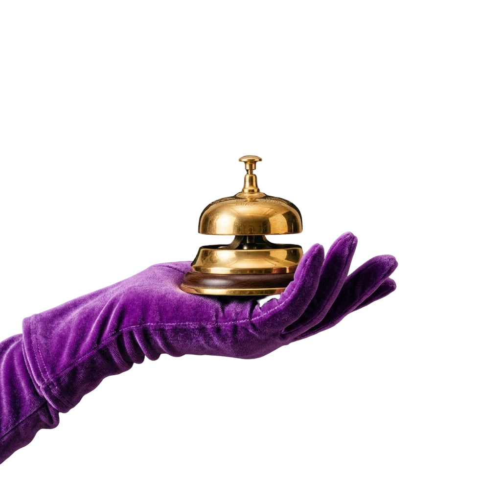 Gold service bell resting in a velvet-gloved hand, ready to call for help