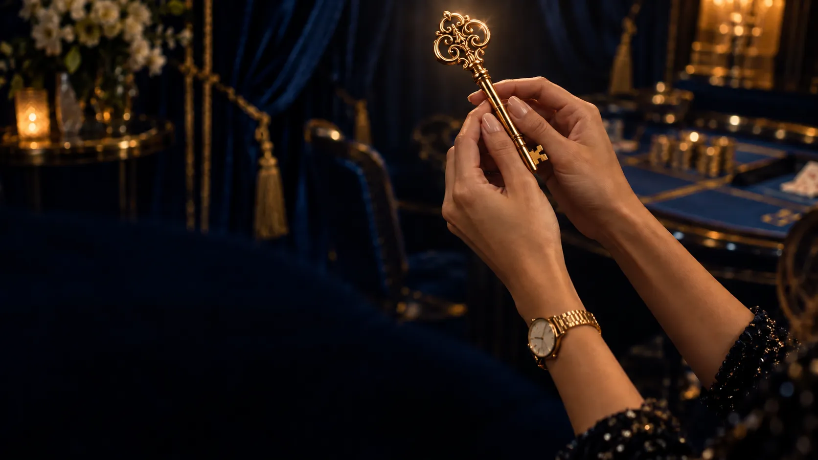 Hands holding an ornate gold key in a velvet-draped baccarat salon