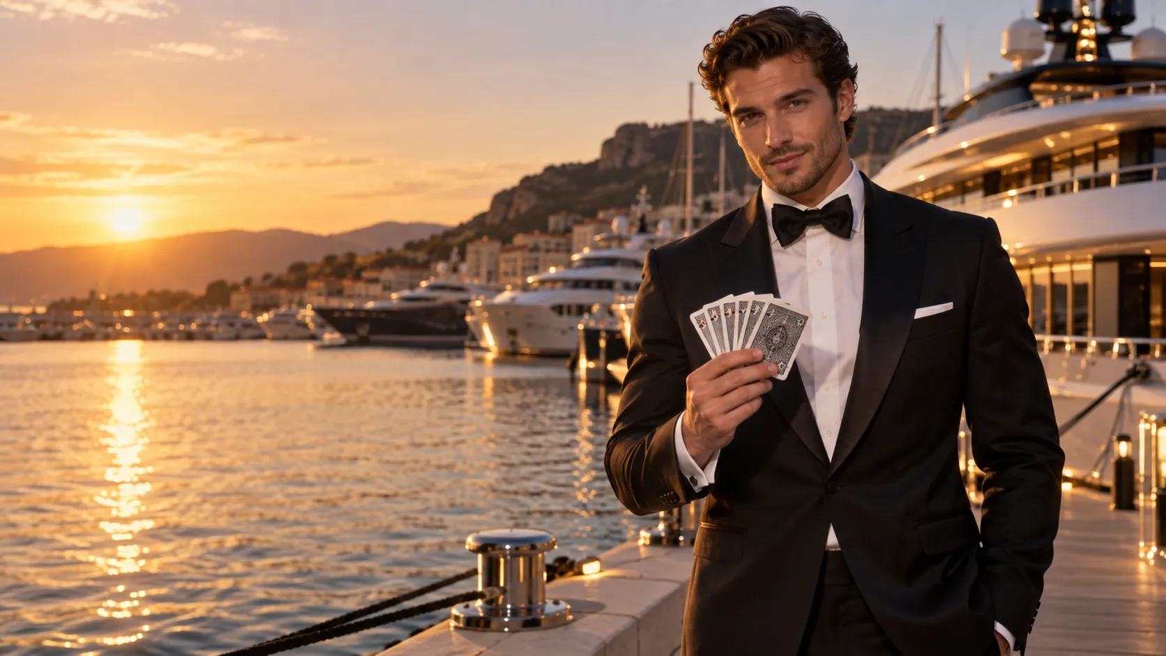Man in a tuxedo fanning a hand of playing cards at a golden-hour superyacht marina