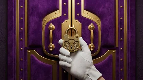 Ornate purple safe doors with gold fittings and a hanging padlock, symbolising a secured entry point