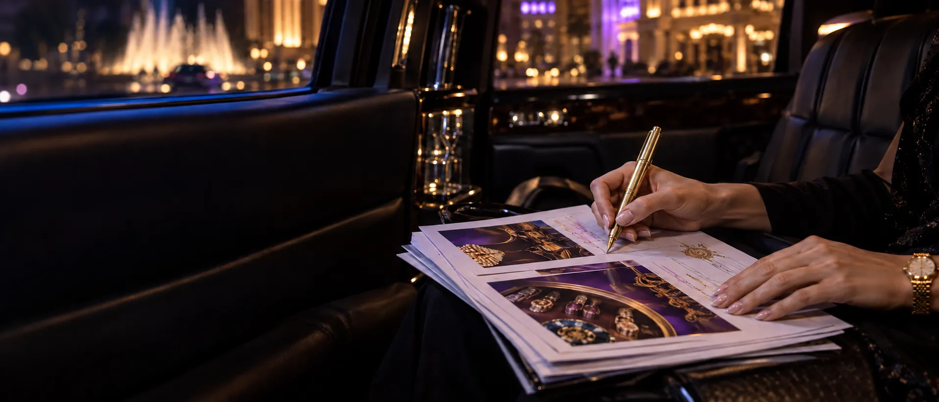 Hands with a gold fountain pen resting on printed guide pages in a limousine