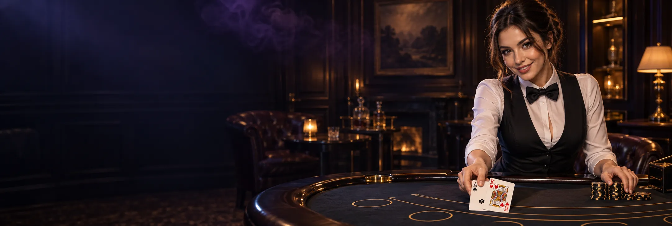 Croupier dealing a winning blackjack hand at a dark-wood casino table