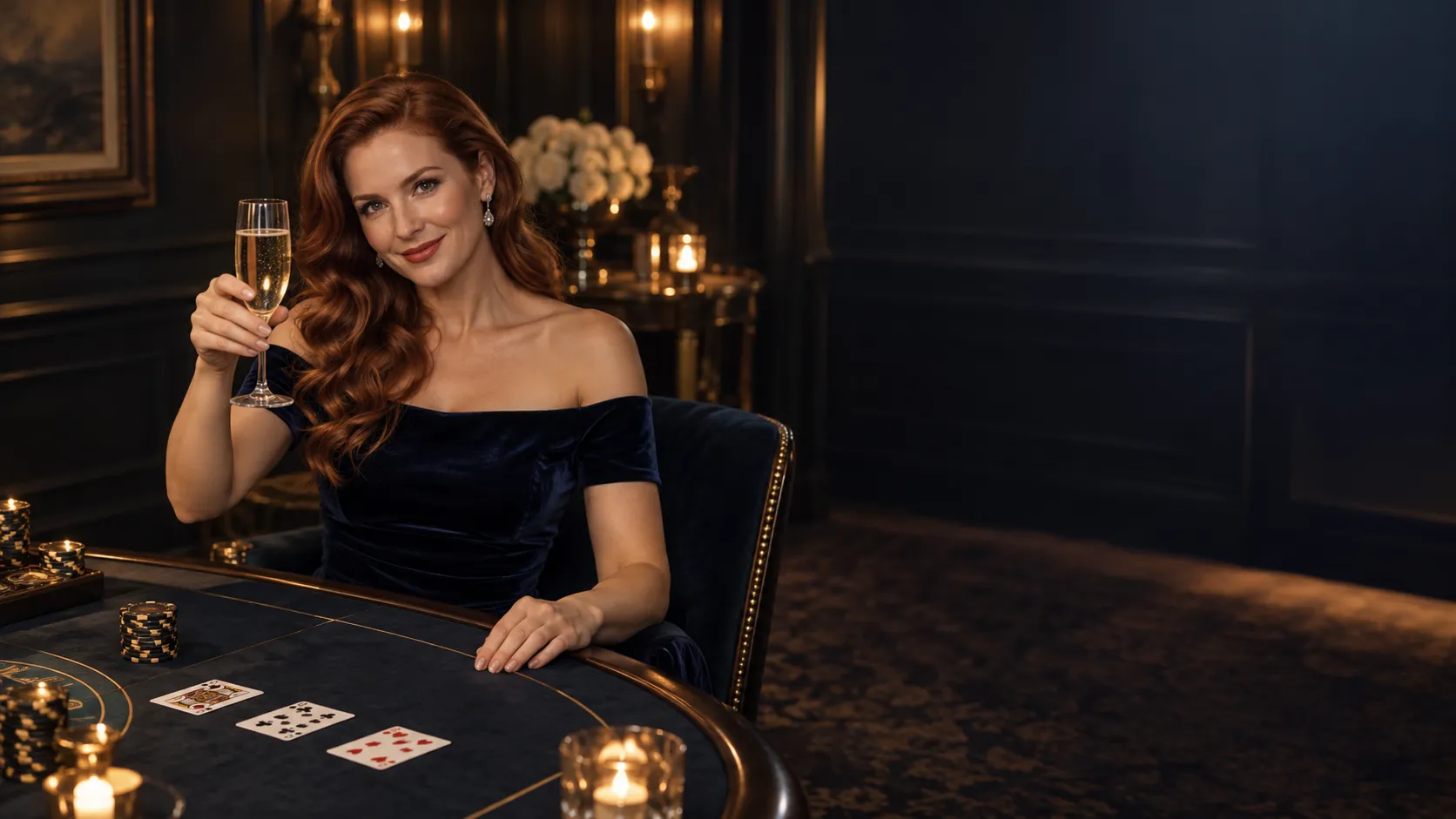 Woman offering a welcome glass of champagne in a candlelit casino card room, welcoming new Here2Win Casino sign-ups