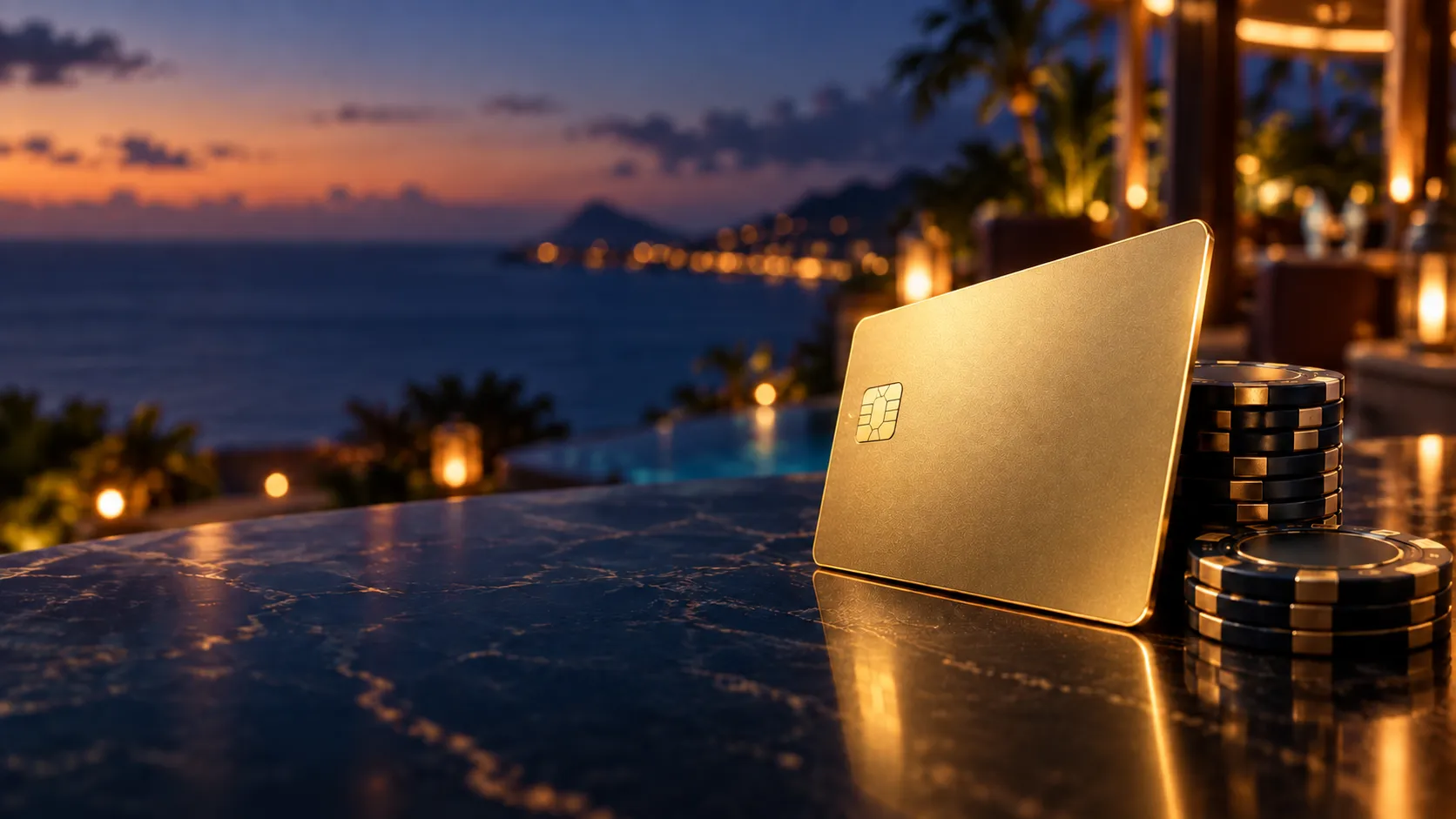 Gold-edged card propped against poker chips on a resort terrace table at dusk