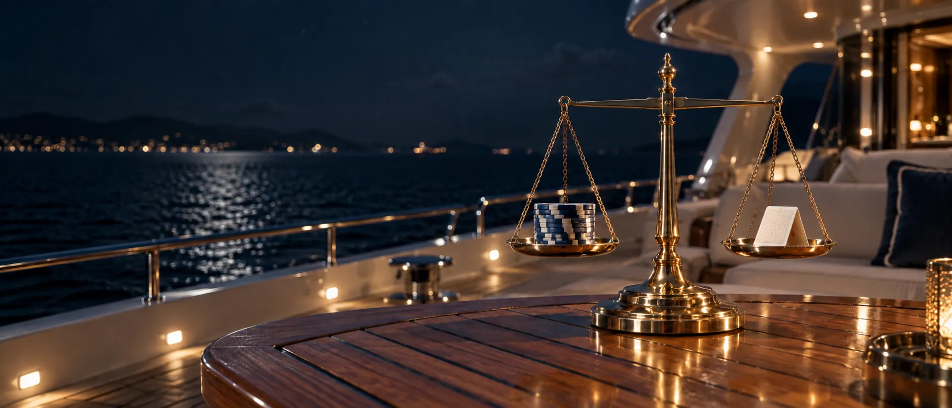 Brass scales balanced with poker chips and a folded card on a yacht deck at night