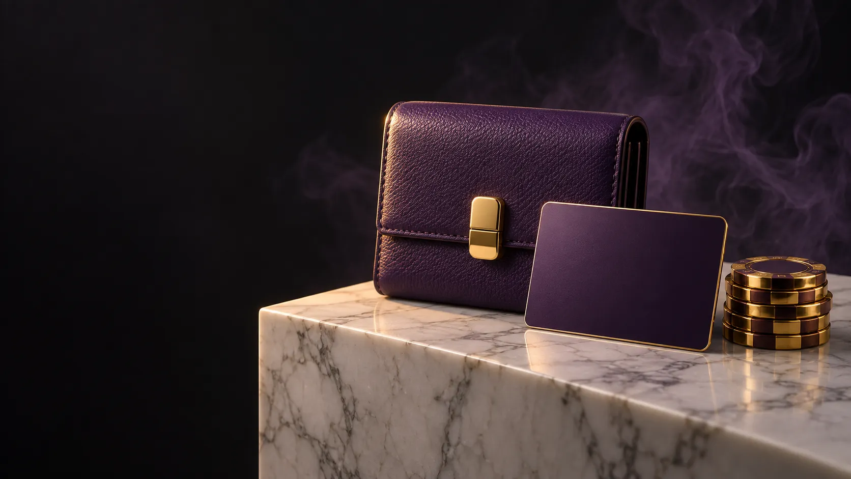 Wallet and travel documents arranged on a marble surface, styled as a cashing-out scene